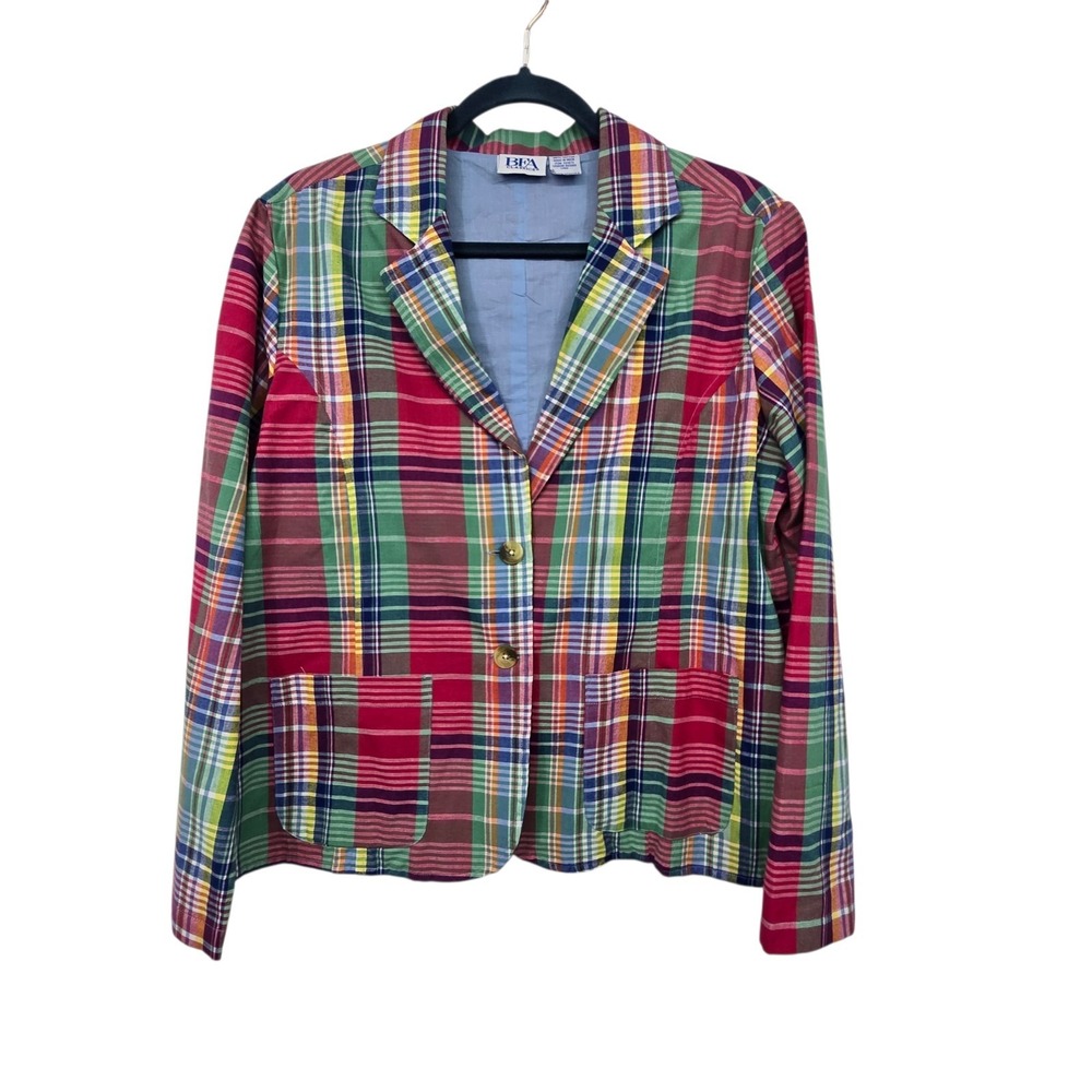 Vintage 90s BFA Classics Plaid Jacket Blazer Womens MED‎ Colorful Pockets Cotton